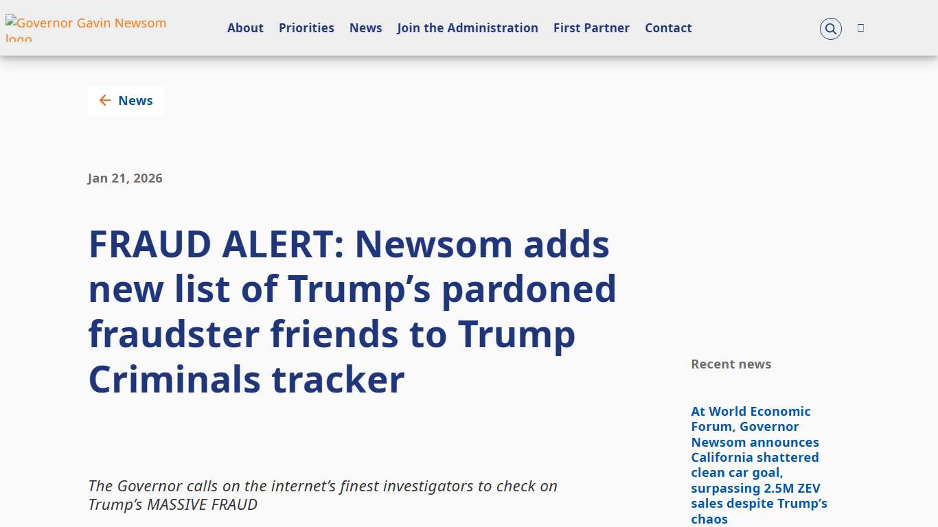 FRAUD ALERT: Newsom adds new list of Trump’s pardoned fraudster friends to Trump Criminals tracker | Governor of California