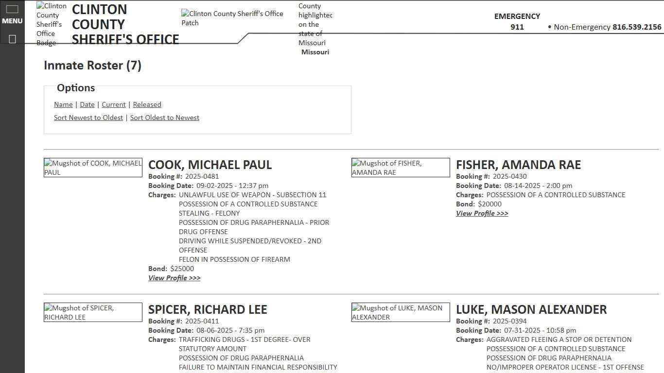 Inmate Roster - Current Inmates Booking Date Descending - Clinton County Sheriff's Office | Missouri