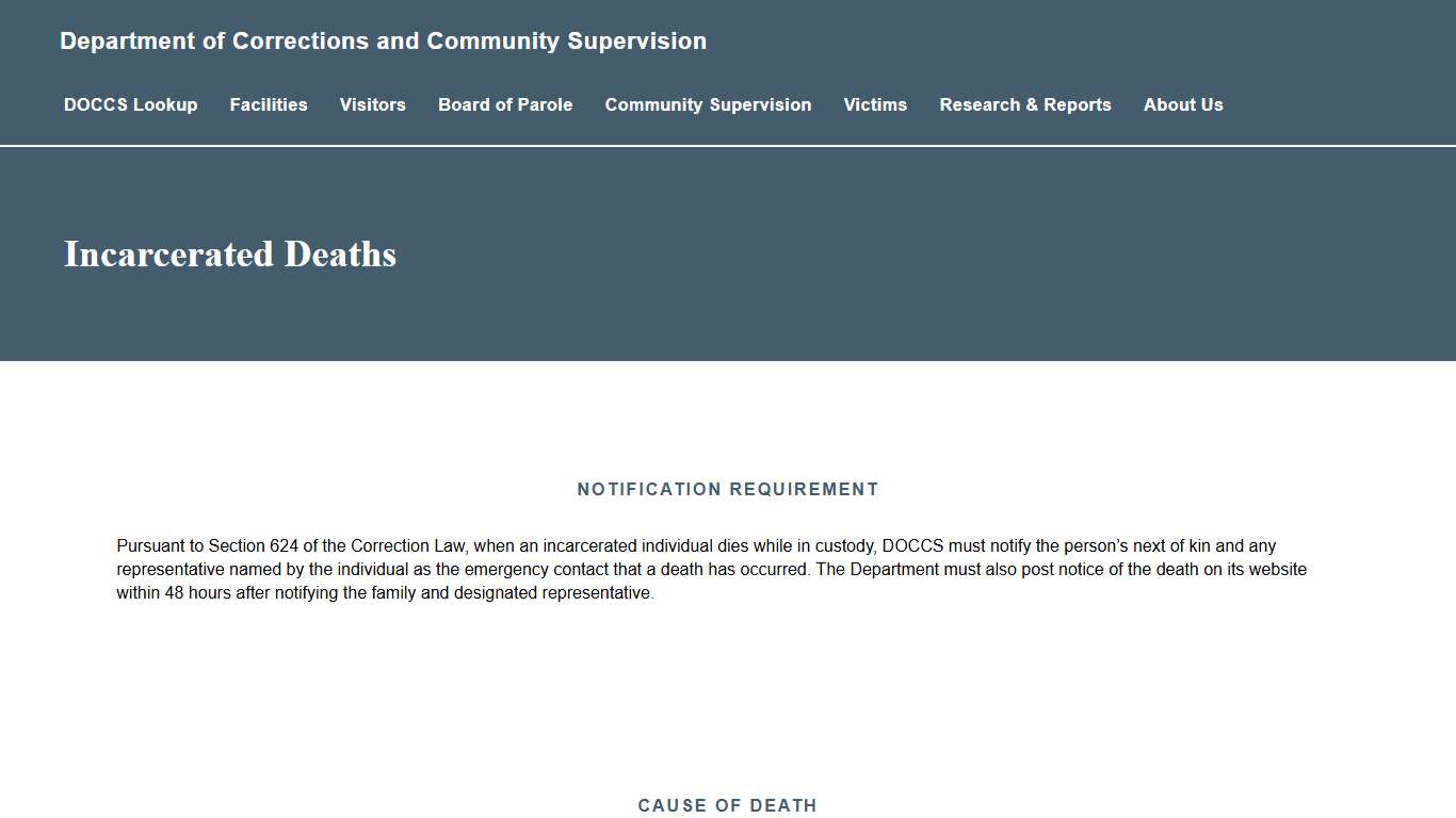 Incarcerated Deaths | Department of Corrections and Community Supervision